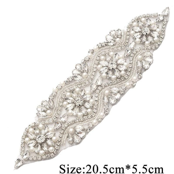 Rhinestone Bridal Applique: Iron-On Patch for Wedding Dress Belt (8x2.25 in)