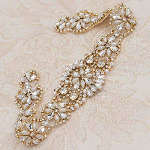 Rhinestone Bridal Belt Applique: Iron-On Patch (13 3/4 in x 2 in)
