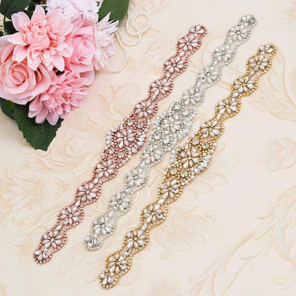 Rhinestone Bridal Belt Applique: Iron-On Patch (13 3/4 in x 2 in)
