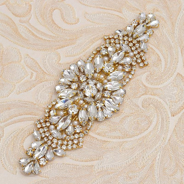 Rhinestone Bridal Applique: Iron-On Patch for Wedding Dress (6 1/8 in)