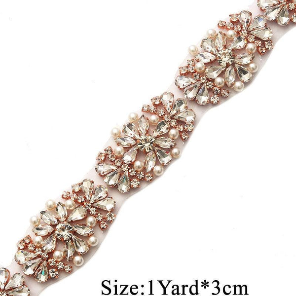 Rhinestone Bridal Applique: Iron-On Patch, Belt Trim (1 1/8" Wide)