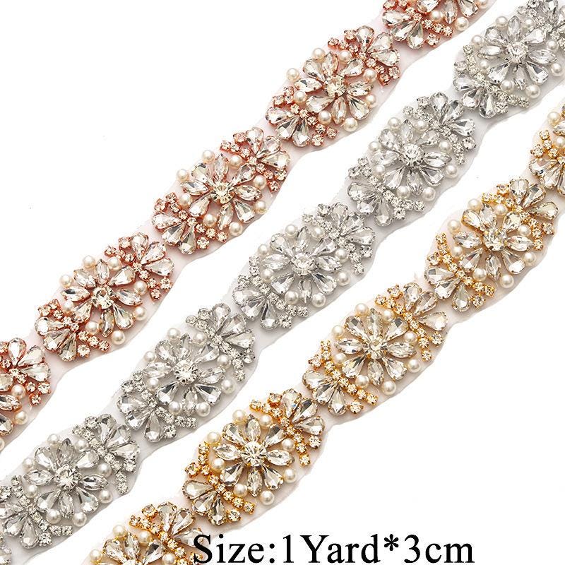 Rhinestone Bridal Applique: Iron-On Patch, Belt Trim (1 1/8" Wide)