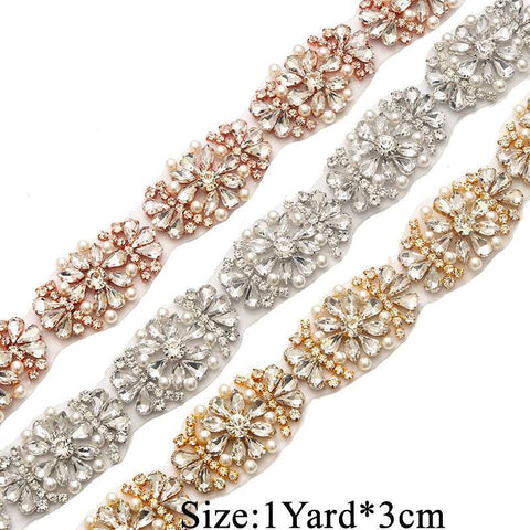 Rhinestone Bridal Applique: Iron-On Patch, Belt Trim (1 1/8" Wide)