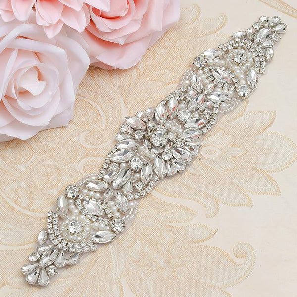 Rhinestone Bridal Applique: Iron-On Patch for Wedding Dress Belt (9 7/8 x 2 in)