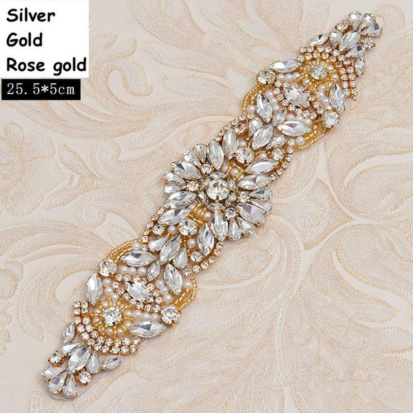Rhinestone Bridal Applique: Iron-On Patch for Wedding Dress Belt (9 7/8 x 2 in)