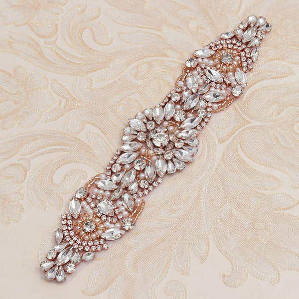Rhinestone Bridal Applique: Iron-On Patch for Wedding Dress Belt (9 7/8 x 2 in)