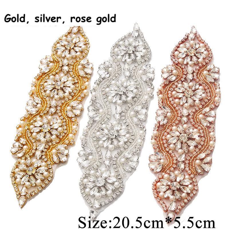 Rhinestone Bridal Applique: Iron-On Patch for Wedding Dress Belt (8x2.25 in)