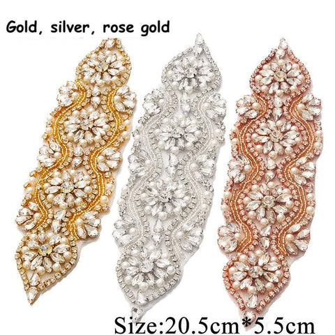 Rhinestone Bridal Applique: Iron-On Patch for Wedding Dress Belt (8x2.25 in)