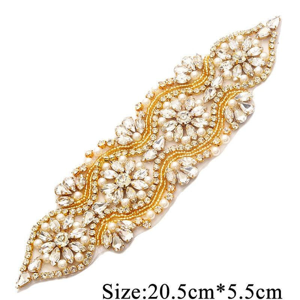 Rhinestone Bridal Applique: Iron-On Patch for Wedding Dress Belt (8x2.25 in)