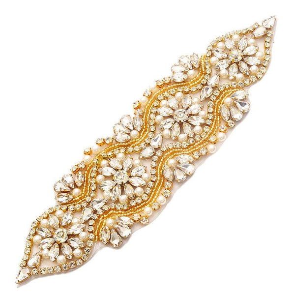 Rhinestone Bridal Applique: Iron-On Patch for Wedding Dress Belt (8x2.25 in)