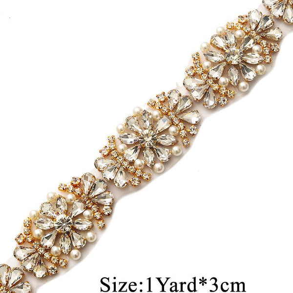 Rhinestone Bridal Applique: Iron-On Patch, Belt Trim (1 1/8" Wide)