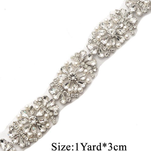 Rhinestone Bridal Applique: Iron-On Patch, Belt Trim (1 1/8" Wide)