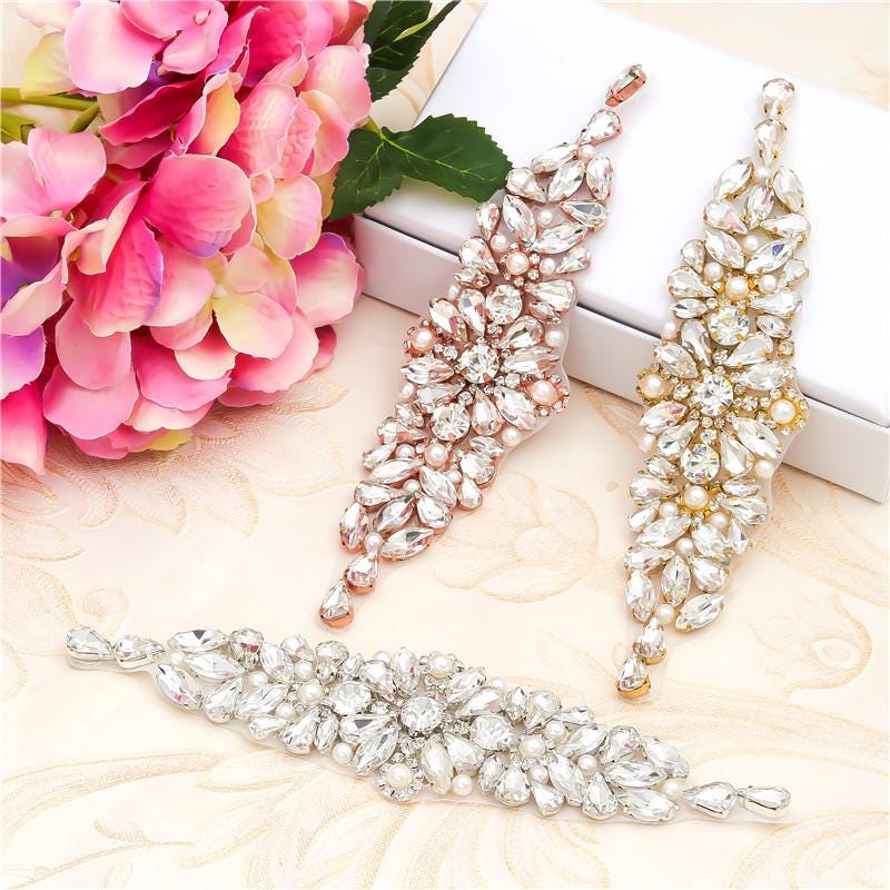 Rhinestone Bridal Applique: Iron-On Patch for Wedding Dress Belt (17cm x 4.5cm)