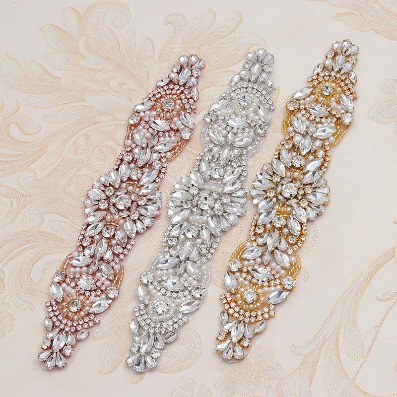 Rhinestone Bridal Applique: Iron-On Patch for Wedding Dress Belt (9 7/8 x 2 in)