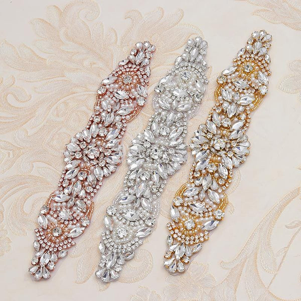 Rhinestone Bridal Applique: Iron-On Patch for Wedding Dress Belt (9 7/8 x 2 in)