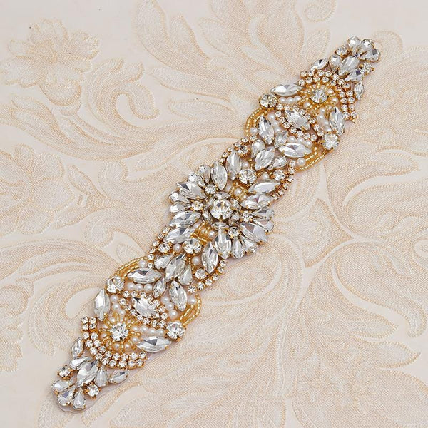 Rhinestone Bridal Applique: Iron-On Patch for Wedding Dress Belt (9 7/8 x 2 in)