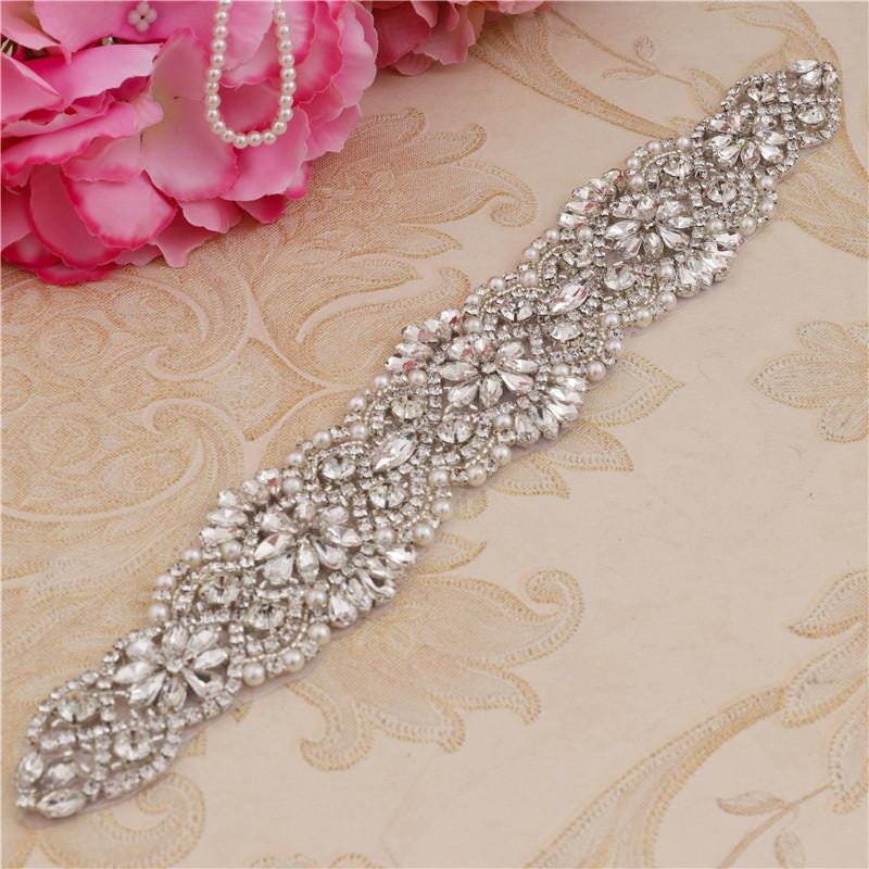 Rhinestone Bridal Belt Applique: Iron-On Patch (12 5/8 x 2 in)