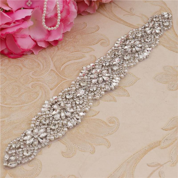 Rhinestone Bridal Belt Applique: Iron-On Patch (12 5/8 x 2 in)