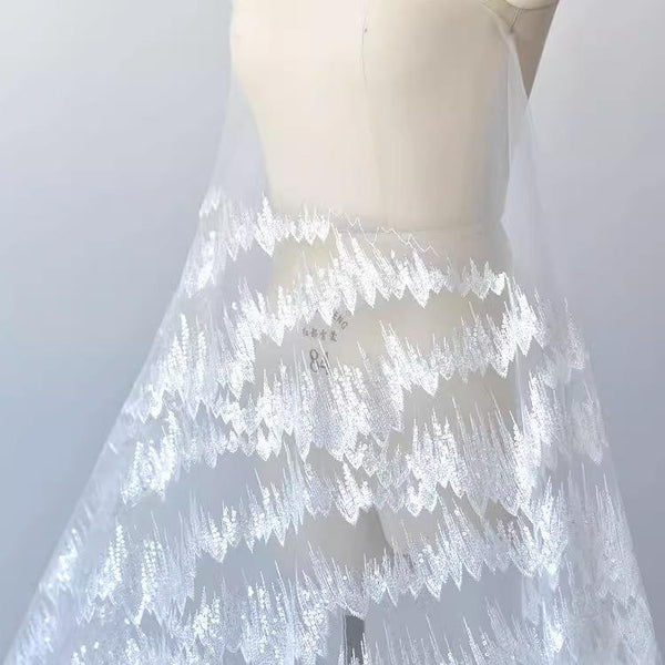 White Embroidered Bridal Lace Fabric - Corded Wedding Gown Lace