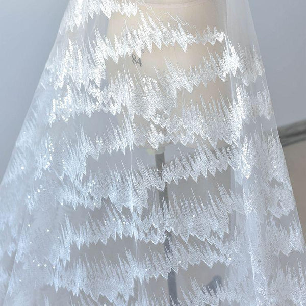 White Embroidered Bridal Lace Fabric - Corded Wedding Gown Lace