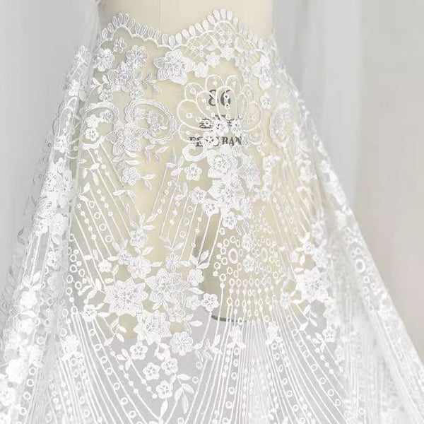 White Embroidered Bridal Lace Fabric - Corded Wedding Gown Lace