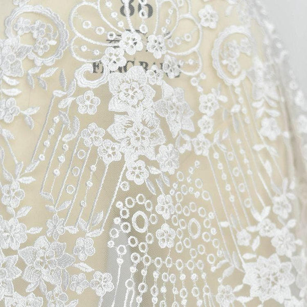 White Embroidered Bridal Lace Fabric - Corded Wedding Gown Lace
