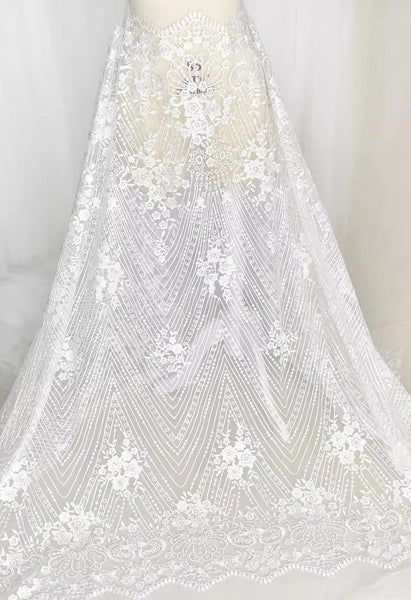 White Embroidered Bridal Lace Fabric - Corded Wedding Gown Lace