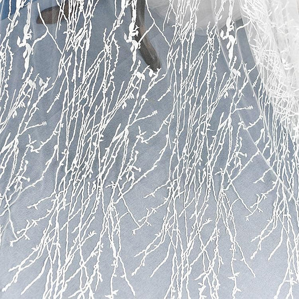 White Embroidered Bridal Lace Fabric - Corded Wedding Gown Lace