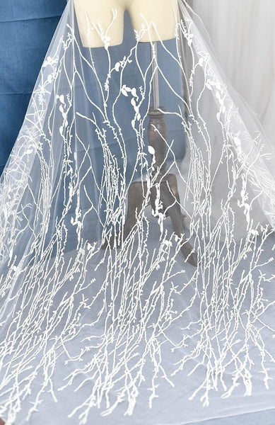 White Embroidered Bridal Lace Fabric - Corded Wedding Gown Lace