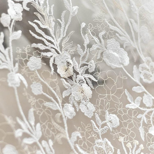 White Embroidered Bridal Lace Fabric: Corded Wedding Gown Lace by Yard