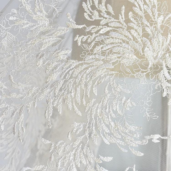 Beaded Bridal Lace Fabric: White Embroidered Corded Lace