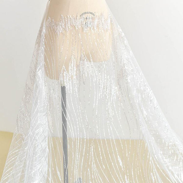 White Embroidered Bridal Lace Fabric - Corded Wedding Gown Lace by Yard