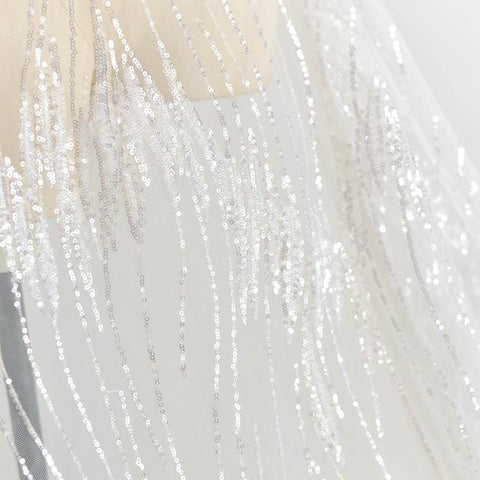 White Embroidered Bridal Lace Fabric - Corded Wedding Gown Lace by Yard