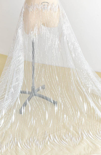 White Embroidered Bridal Lace Fabric - Corded Wedding Gown Lace by Yard