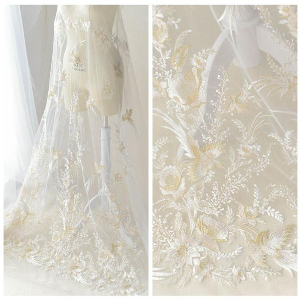 White Embroidered Bridal Lace Fabric: Corded Wedding Gown Lace