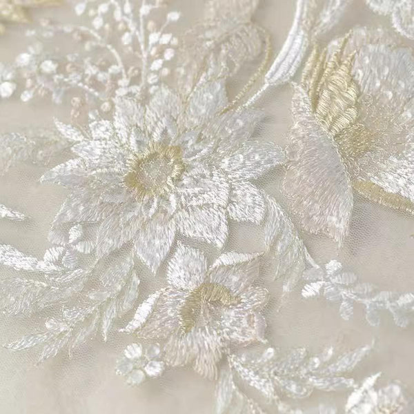 White Embroidered Bridal Lace Fabric: Corded Wedding Gown Lace