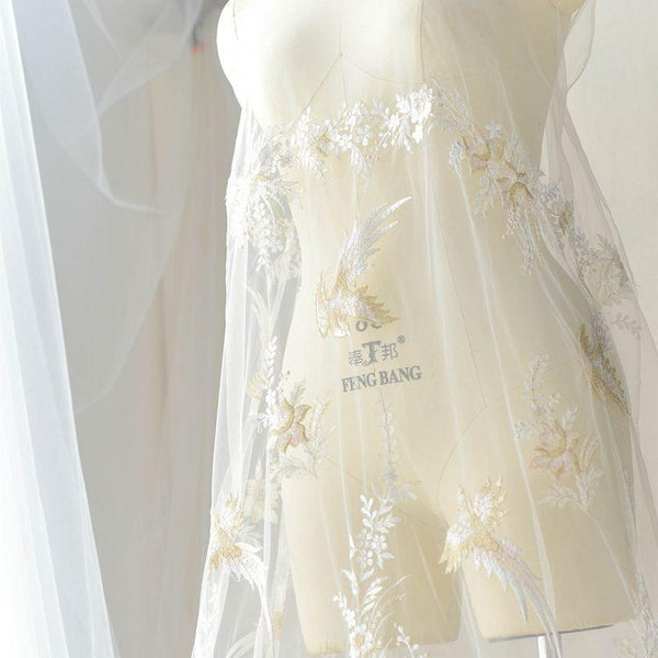 White Embroidered Bridal Lace Fabric: Corded Wedding Gown Lace