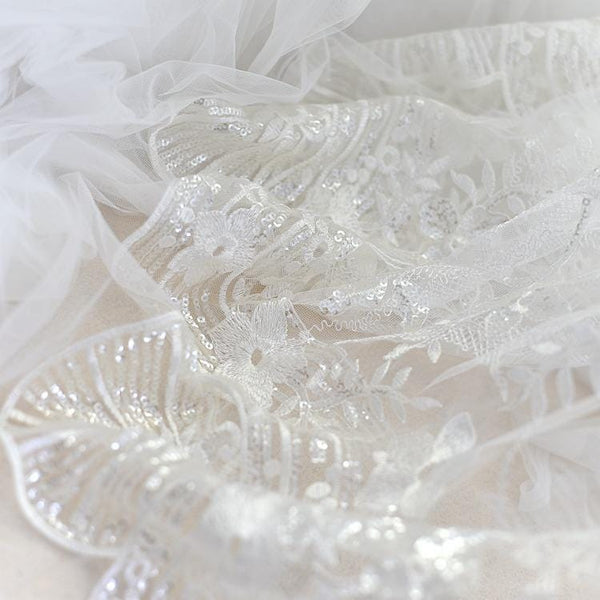 White Embroidered Bridal Lace Fabric - Corded Floral Lace by Yard