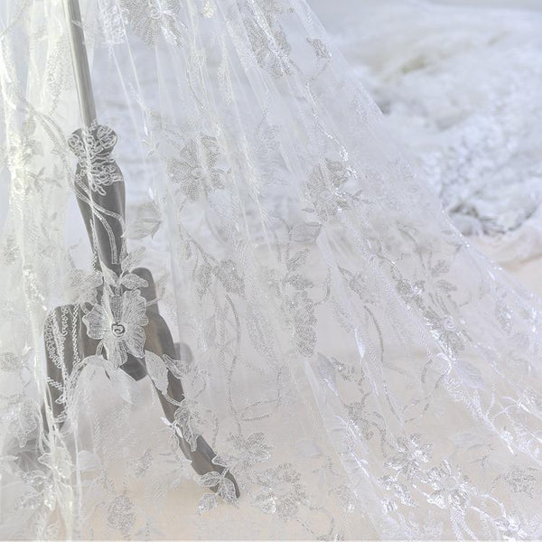 White Embroidered Bridal Lace Fabric - Corded Floral Lace by Yard