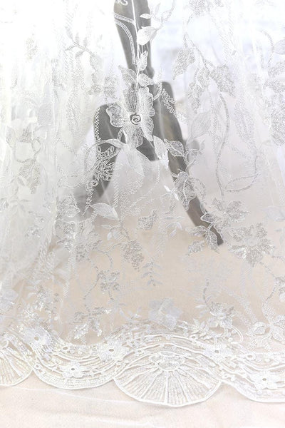 White Embroidered Bridal Lace Fabric - Corded Floral Lace by Yard