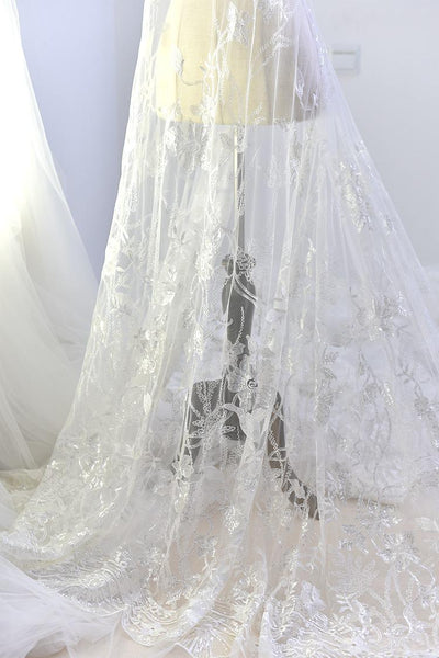 White Embroidered Bridal Lace Fabric - Corded Floral Lace by Yard