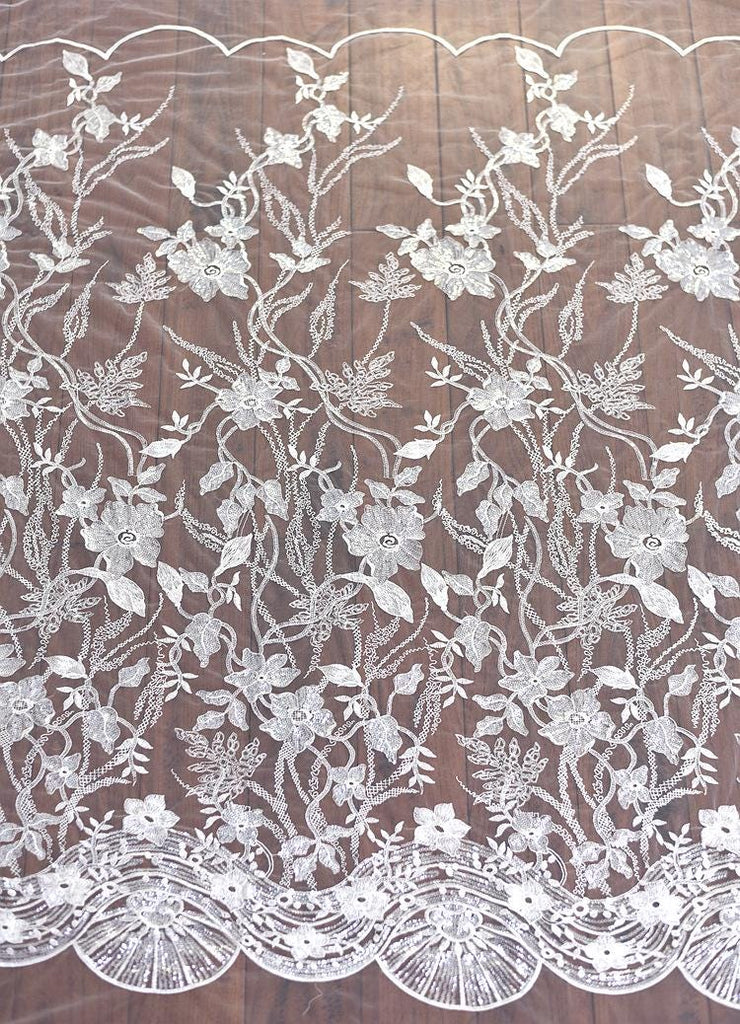 White Embroidered Bridal Lace Fabric - Corded Floral Lace by Yard
