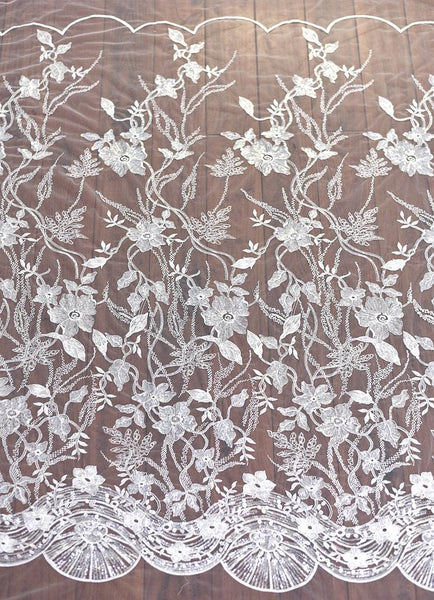 White Embroidered Bridal Lace Fabric - Corded Floral Lace by Yard