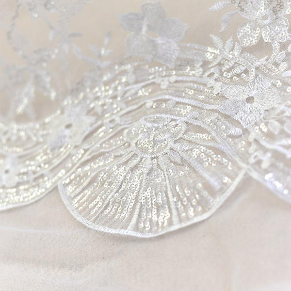 White Embroidered Bridal Lace Fabric - Corded Floral Lace by Yard