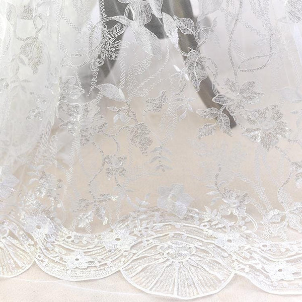 White Embroidered Bridal Lace Fabric - Corded Floral Lace by Yard