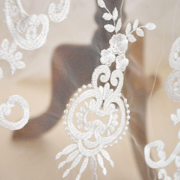 White Embroidered Bridal Lace Fabric - Corded Wedding Gown Lace By The Yard