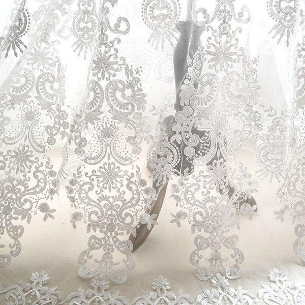 White Embroidered Bridal Lace Fabric - Corded Wedding Gown Lace By The Yard