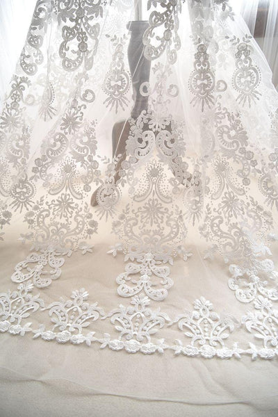 White Embroidered Bridal Lace Fabric - Corded Wedding Gown Lace By The Yard