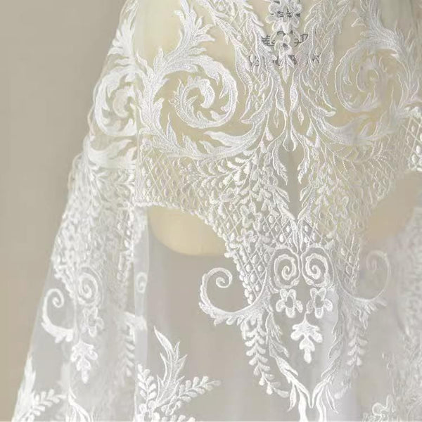 White Embroidered Bridal Lace Fabric - Corded Lace for Wedding Dress