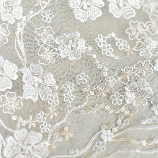 White Embroidered Floral Lace Fabric - Bridal Gown Lace by Yard